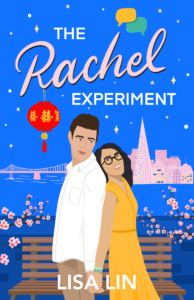 Book cover of Lisa Lin's release "The Rachel Experiment". Animation with man and women back-to-back holding hands.