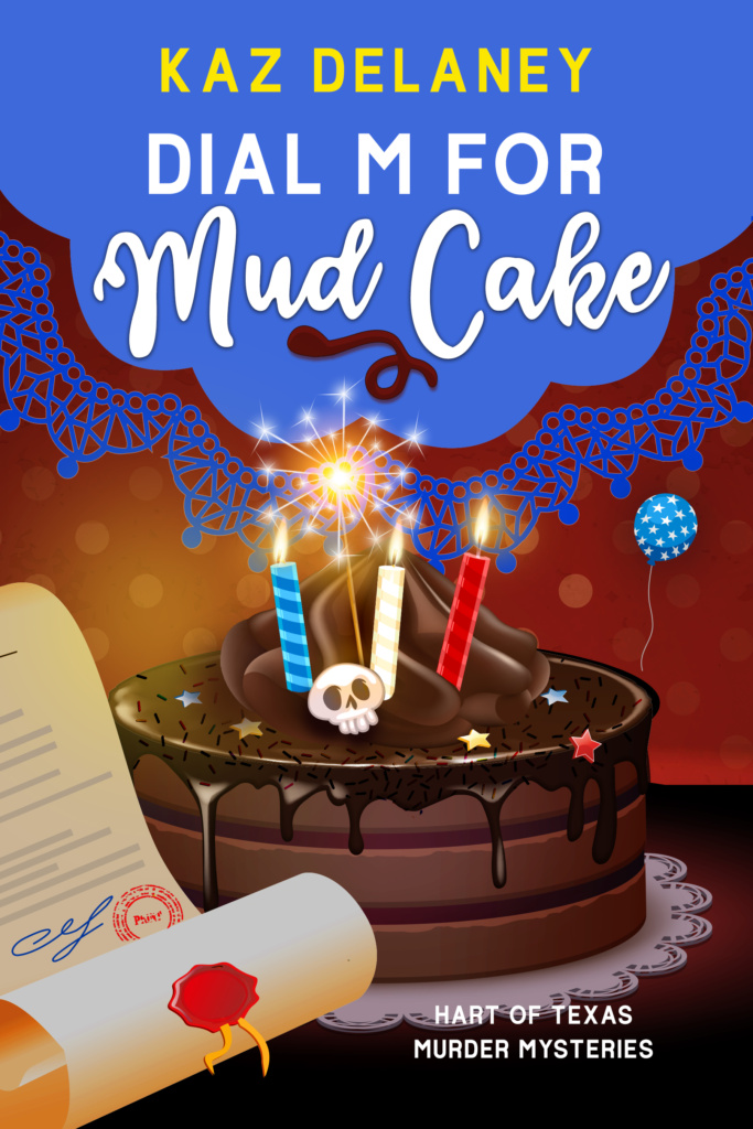Chocolate cake with candles for Dial M for Mud Cake book cover.