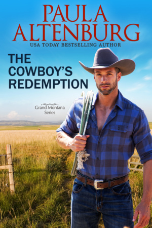 Cowboy holding rope over shoulder with field behind him. Text reads Paula Altenburg, USA Today Bestselling author, and the title of The Cowboy's Redemption.