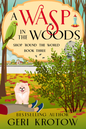 Illustrated book cover with dead woman's feet and a white Pomeranian dog on a walking path.