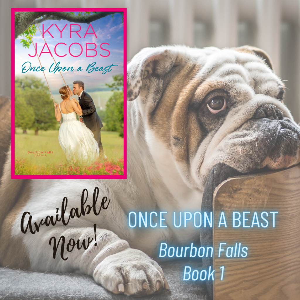 Once Upon a Beast book cover image in top left over bulldog image in background sharing inspiration of "Louie" the pet dog in the book.